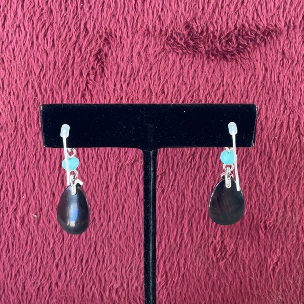Turquoise Blue and Black Dangle Teardrop Earrings - Silverstone - Picture 3 of 3